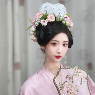 フリフ(ふりふ)の蓮花仿白玉宋冠 3Dプリント樹脂製　白色髪飾り 宋制漢服　成人式　中華風　着物(和装小物)