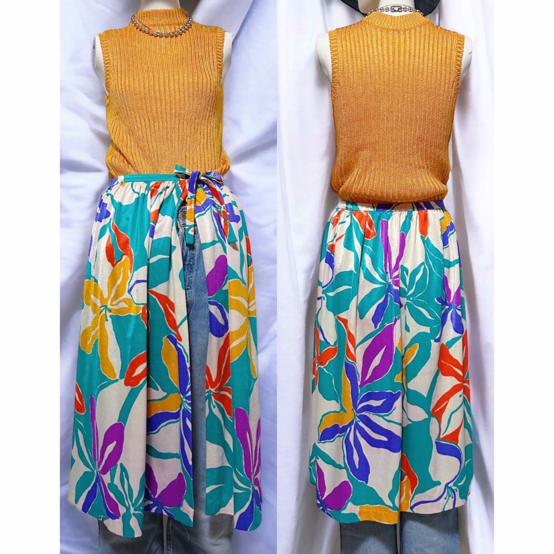 Santa Monica(サンタモニカ)のVintage USA 80s〜90s フラワーストレッチラップスカート サロン レディースのスカート(ひざ丈スカート)の商品写真