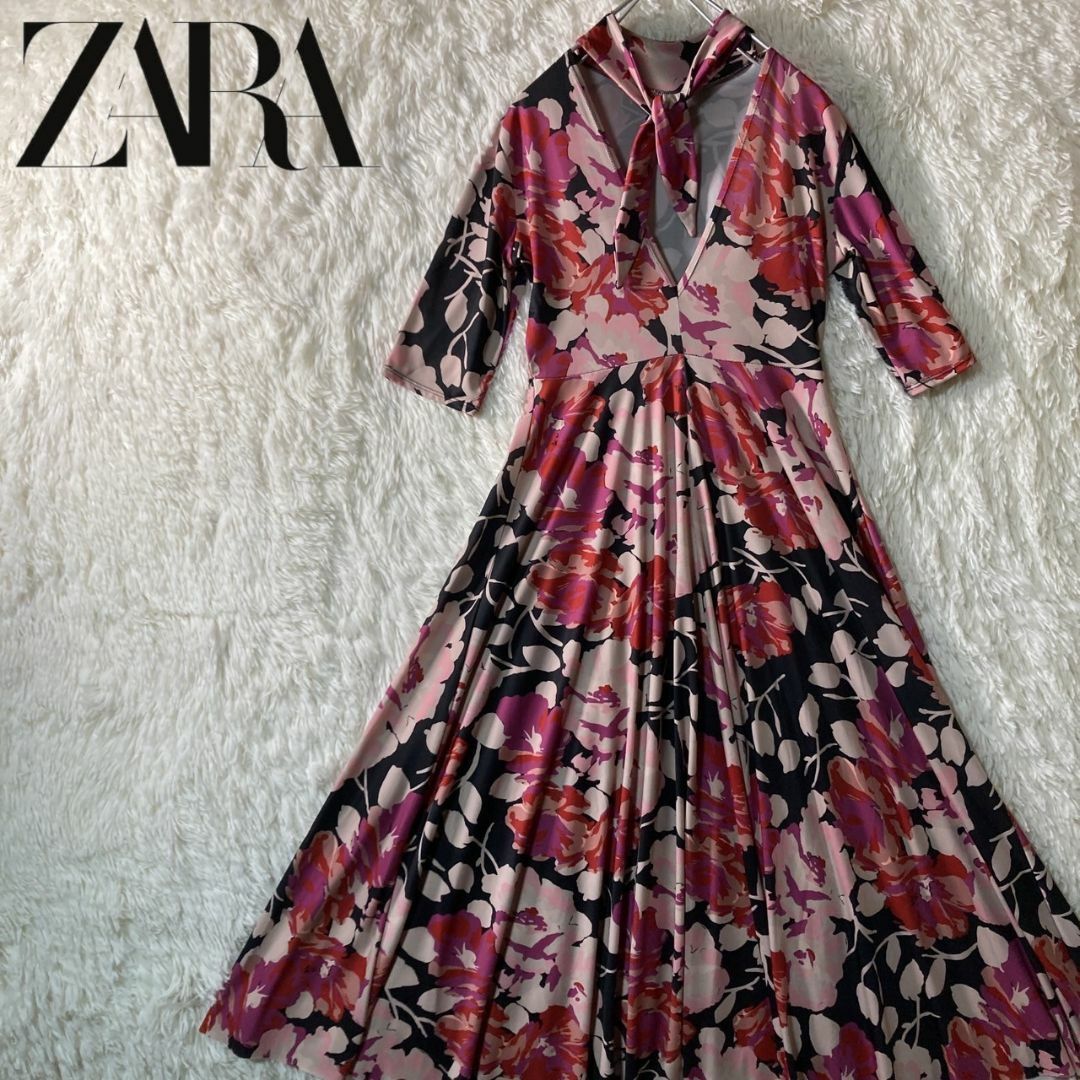 ZARA(ザラ)の美品 ZARA ザラ ボウタイ ロングワンピース ボタニカル 花柄 Aライン レディースのワンピース(ロングワンピース/マキシワンピース)の商品写真