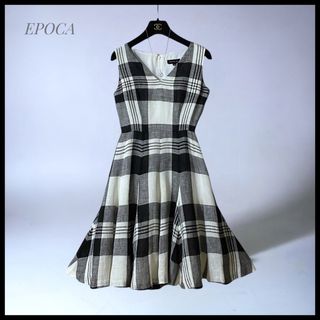 【EPOCA】 ボリュームフレアリネンワンピース  ロゴジッパー  チェック柄