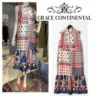 グレースコンチネンタル(GRACE CONTINENTAL)の美品　グレースクラス　マリンプリントシャツワンピース　36　田中みな実さん着用(ロングワンピース/マキシワンピース)