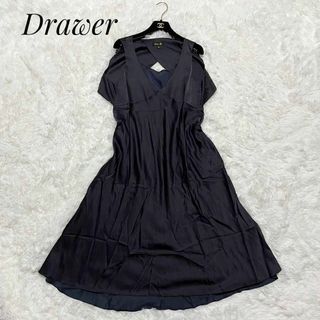 Drawer - 【美品】定価7,3万 Drawer シルク混 ノースリーブワンピース ネイビー