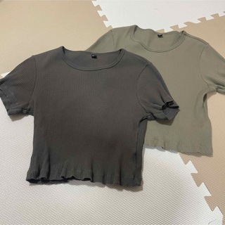ユニクロユー　リブクロップT グレー　ライトグリーン(Tシャツ/カットソー(半袖/袖なし))