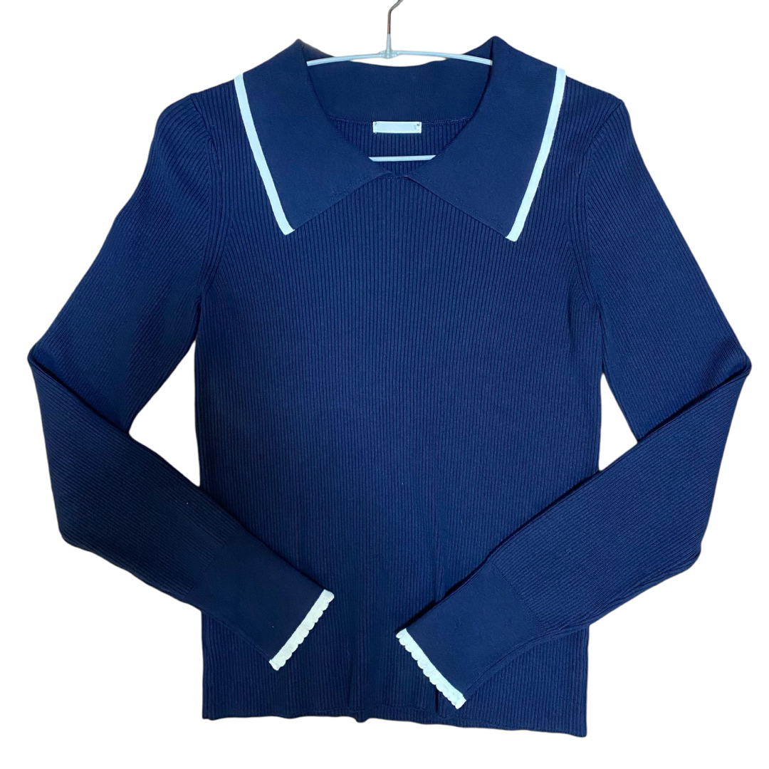 GU(ジーユー)の【新品】GU ジーユー リブ襟付きセーター ネイビー 紺色 薄手 レディースのトップス(ニット/セーター)の商品写真
