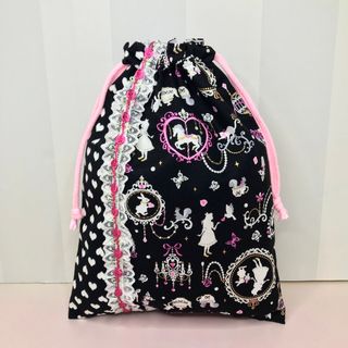 ハンドメイド●巾着●シューズケース●上履き袋●黒シルエットアリス×黒ハート(シューズバッグ)