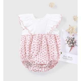 シーイン(SHEIN)の●未使用●Peninsula Baby花柄フリルロンパース 白×ピンクSHEIN(カバーオール)