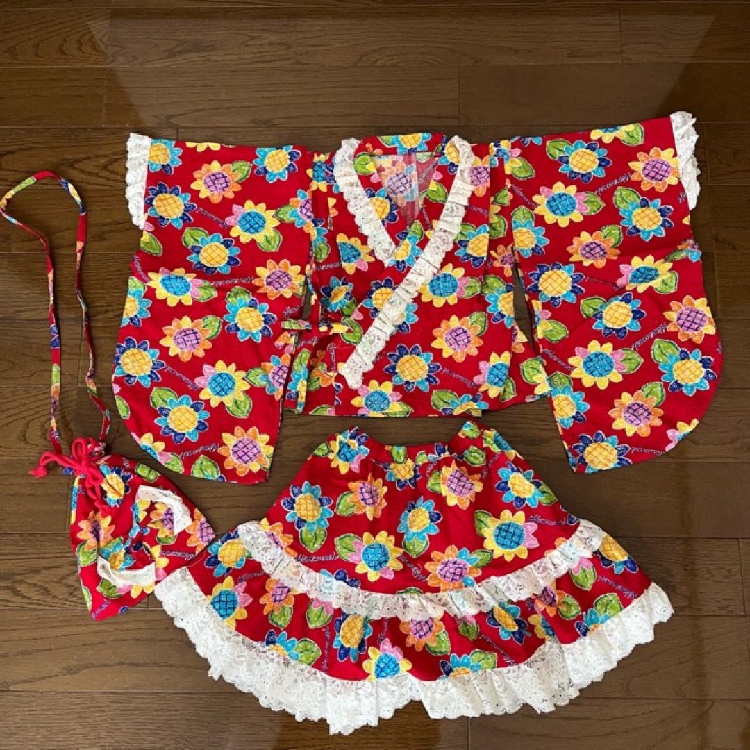 ハンドメイド☆浴衣ドレス☆ひまわり柄☆100サイズ キッズ/ベビー/マタニティのキッズ服女の子用(90cm~)(甚平/浴衣)の商品写真