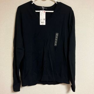 ユニクロ(UNIQLO)のユニクロ　WOMAN ウォッシャブル　コットンVネックセーター（長袖）ブラック(ニット/セーター)