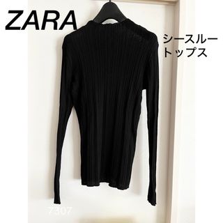 ザラ(ZARA)のZARAリブ編み長袖トップス L ブラック 透け感(カットソー(長袖/七分))