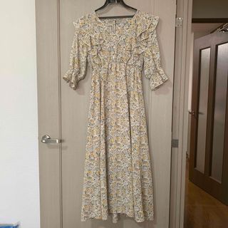 rps花柄ワンピース　春服　夏服　秋服　黄色　イエロー　レディース　半袖　ロング