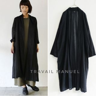 トラバイユマニュアル(TRAVAIL MANUEL)のトラバイユマニュアル コットンリネン ローンライトローブ ロングカーディガン 黒(カーディガン)