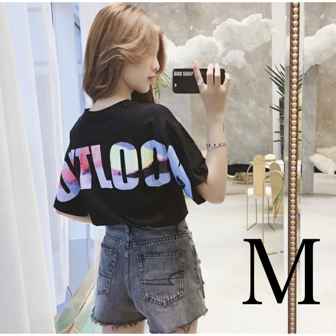 レディース 韓国 ファッション 半袖 ロゴ Tシャツ オーバーサイズ 黒 M レディースのトップス(Tシャツ(半袖/袖なし))の商品写真