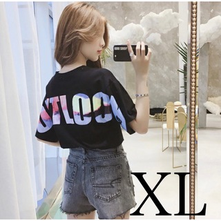 レディース 韓国 ファッション 半袖 ロゴ Tシャツ オーバーサイズ 黒 XL(Tシャツ/カットソー(半袖/袖なし))
