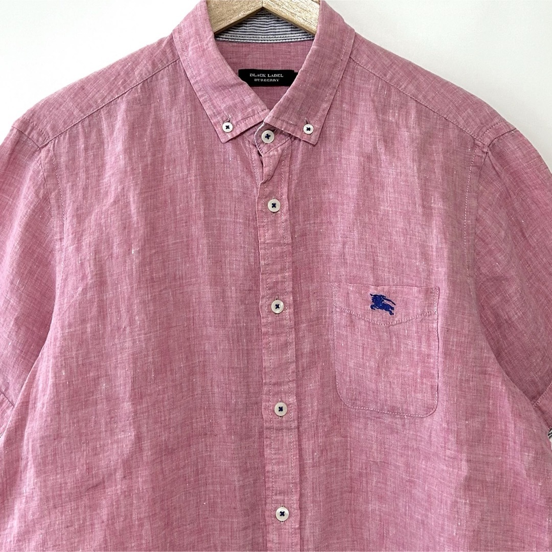 BURBERRY BLACK LABEL(バーバリーブラックレーベル)のバーバリーブラックレーベル ロゴ刺繍 半袖 麻 リネンシャツ ピンク XL 4 メンズのトップス(シャツ)の商品写真