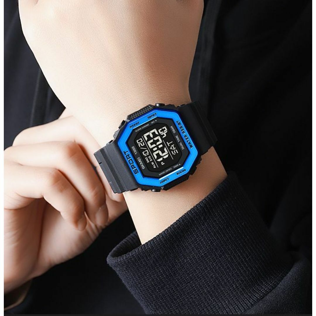 50m防水ウォッチ デジタル腕時計 デュアルタイムスクエア角型ブルー青 メンズの時計(腕時計(デジタル))の商品写真