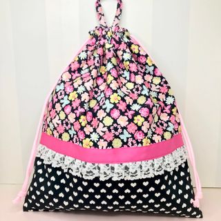 ハンドメイド●巾着●お着替え袋●体操着袋●お花リボン蝶々×黒ハート(体操着入れ)