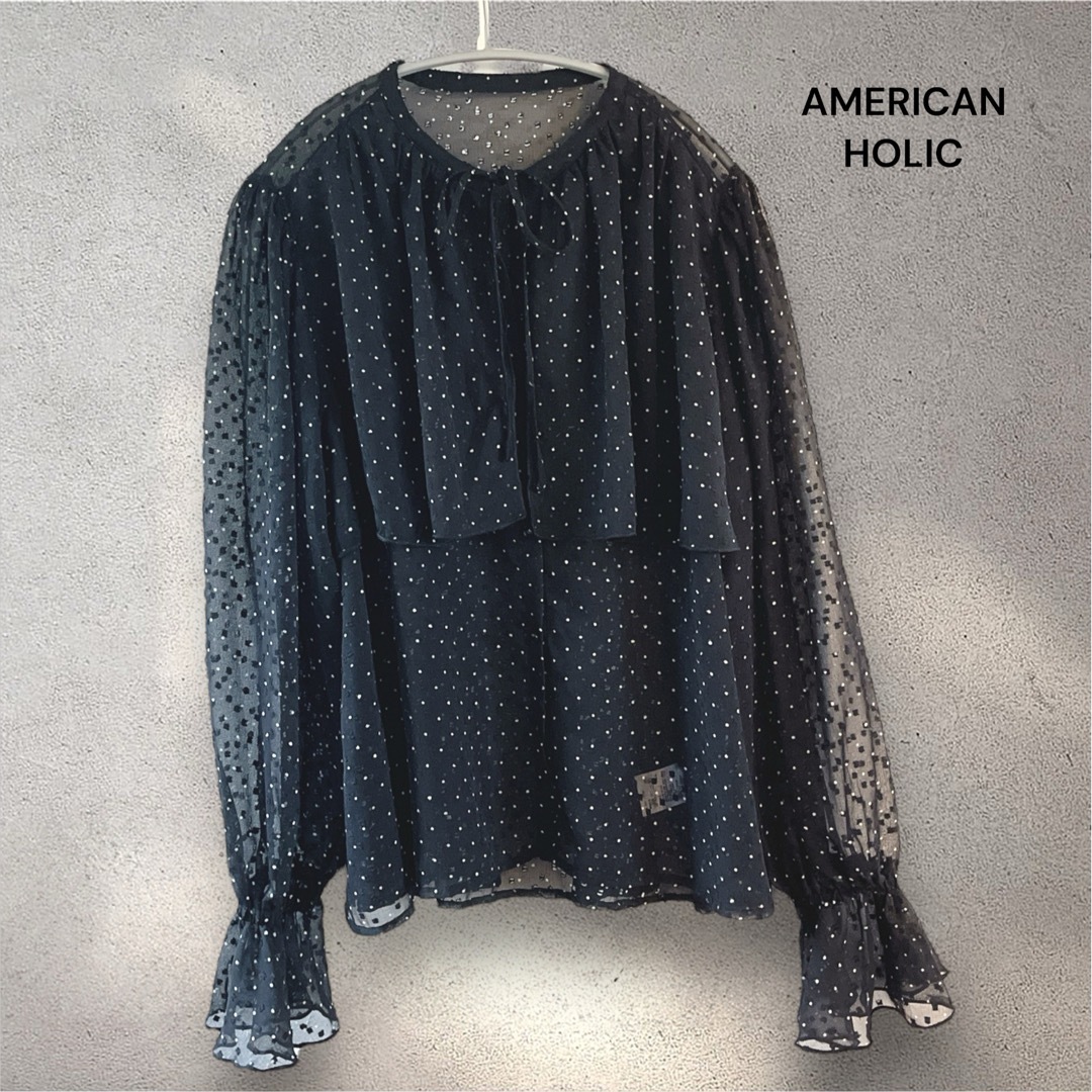 AMERICAN HOLIC(アメリカンホリック)のフリル襟 シアードットブラウス 黒 Lサイズ 水玉 刺繍 レース レディースのトップス(シャツ/ブラウス(長袖/七分))の商品写真