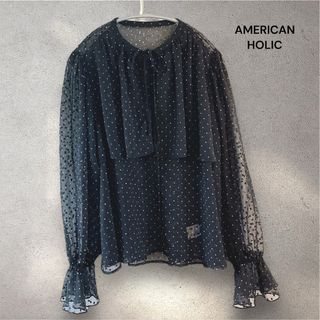 アメリカンホリック(AMERICAN HOLIC)のフリル襟 シアードットブラウス 黒 Lサイズ 水玉 刺繍 レース(シャツ/ブラウス(長袖/七分))