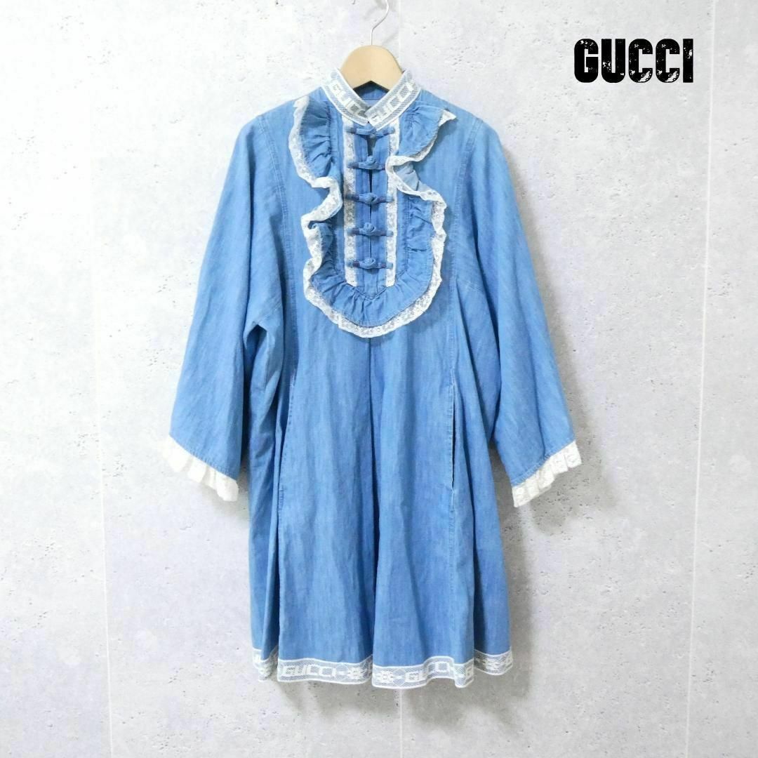 Gucci(グッチ)の美品 GUCCI ロゴ フリル ワイドスリーブ 七分袖 膝丈 ワンピース レディースのワンピース(ひざ丈ワンピース)の商品写真