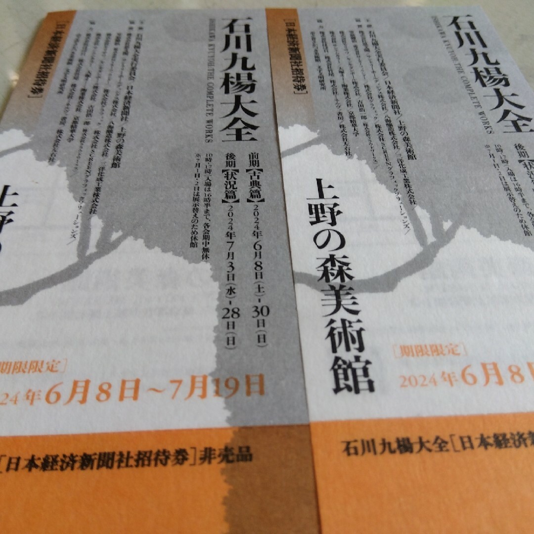 上野の森美術館 石川九楊大全 2枚 チケットの施設利用券(美術館/博物館)の商品写真