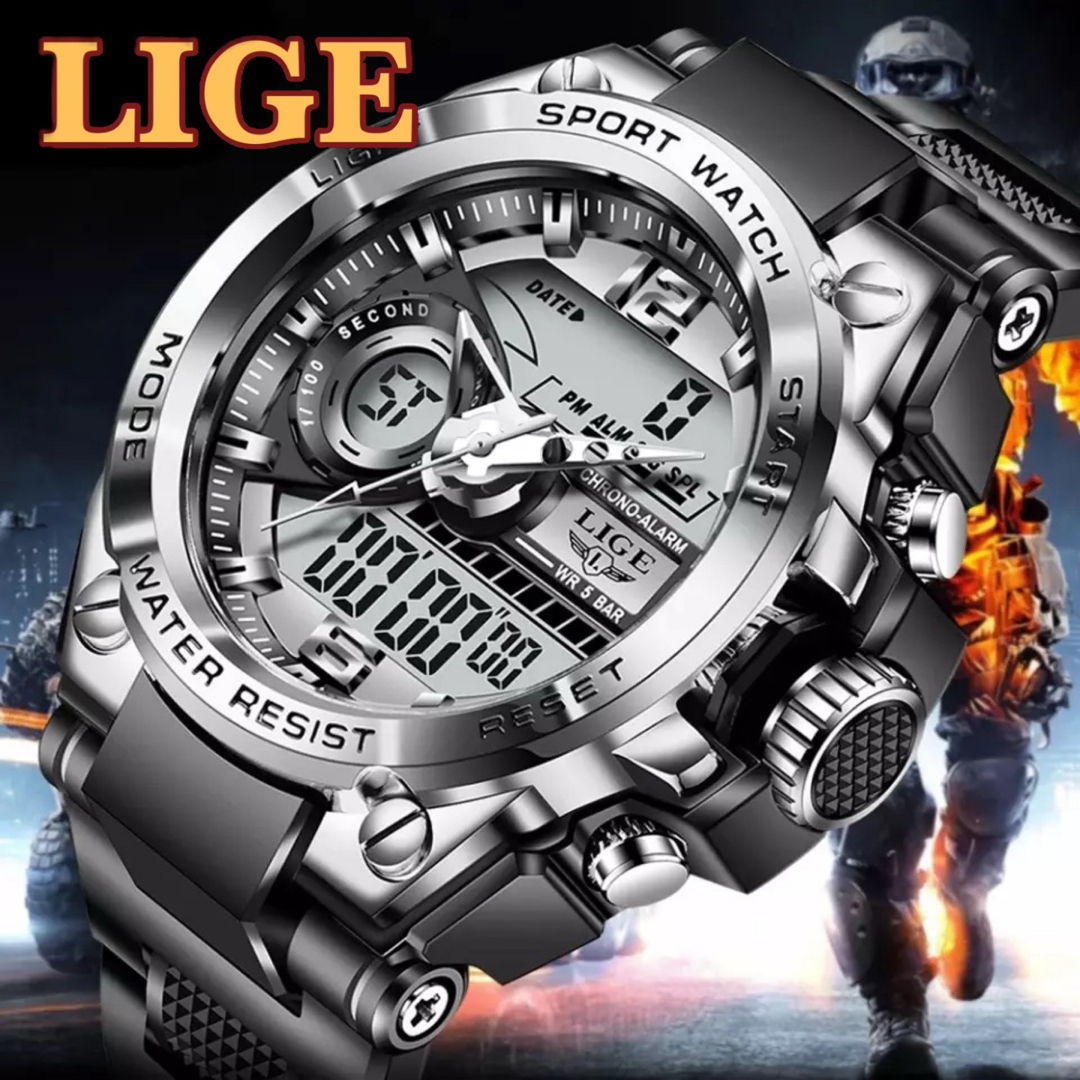 新品 LIGE スポーツデュアルウォッチ 50m防水 メンズ腕時計 シルバーの ...