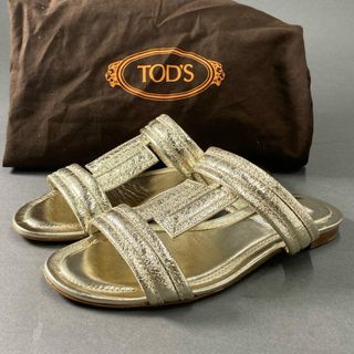 トッズ(TOD'S)の4d21 【極美品】 TOD'S トッズ ダブルT ダブルティー フラットサンダル レザーサンダル 35 1/2 ゴールド レディース(サンダル)