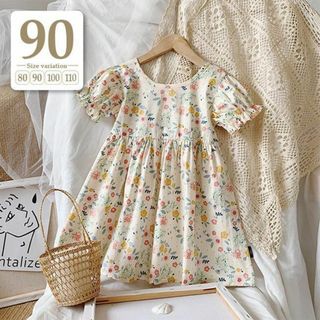 90cm〔小花柄半袖ワンピース〕パフ袖レトロ上品キッズ子供 プティマイン春夏ベベ(ワンピース)