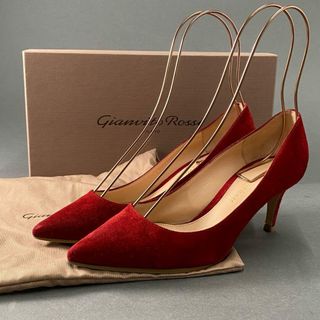 12d21 Gianvito Rossi ジャンヴィットロッシ ポインテッドトゥ パンプス スウェード 35 1/2 レッド レディース 婦人靴