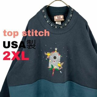 54b USA製 トップステッチ スウェット 刺繍 小鳥 肉厚 裏起毛 二重襟(トレーナー/スウェット)