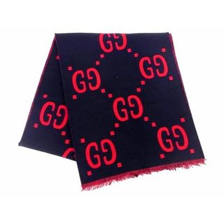 グッチ(Gucci)の■新品同様■ GUCCI グッチ アイコン ラナウール91％×シルク9％ マフラー ストール メンズ レディース ネイビー系×レッド系 FC3463(その他)