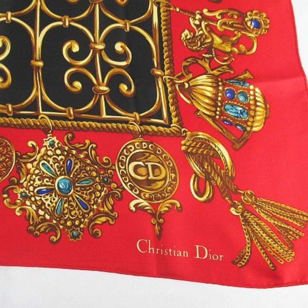 Christian Dior(クリスチャンディオール)のChristian Dior 大判スカーフ 赤系 レッド 絹 シルク ロゴ レディースのファッション小物(バンダナ/スカーフ)の商品写真