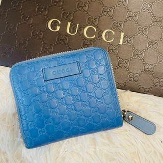 グッチ(Gucci)の美品＊GUCCI 折り財布 ラウンドジップ GG マイクロシマ レザー 青(財布)