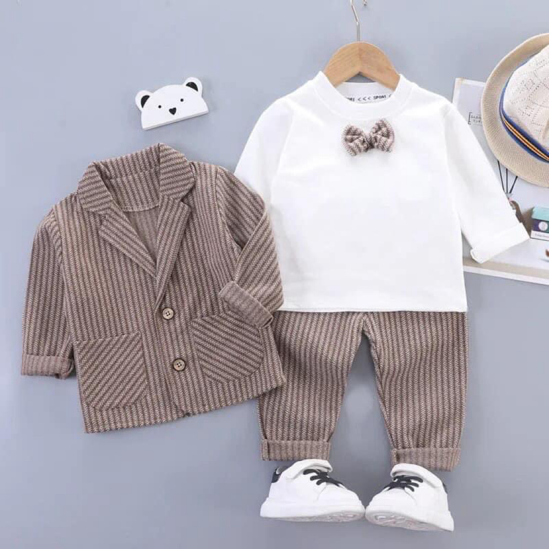 80 新品 ブラウン 蝶ネクタイ スーツセット ストライプ シック おしゃれ キッズ/ベビー/マタニティのベビー服(~85cm)(セレモニードレス/スーツ)の商品写真