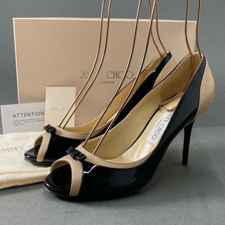 ジミーチュウ(JIMMY CHOO)の8d21 【極美品】 JIMMY CHOO ジミーチュウ オープントゥ レザーパンプス 247AGNES 37 ブラック/ベージュ レディース 靴(ハイヒール/パンプス)