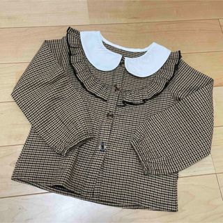 シーイン(SHEIN)の【美品・最安値】SHEIN♡長袖シャツ チェック柄 襟付き フリル 茶色 110(ブラウス)