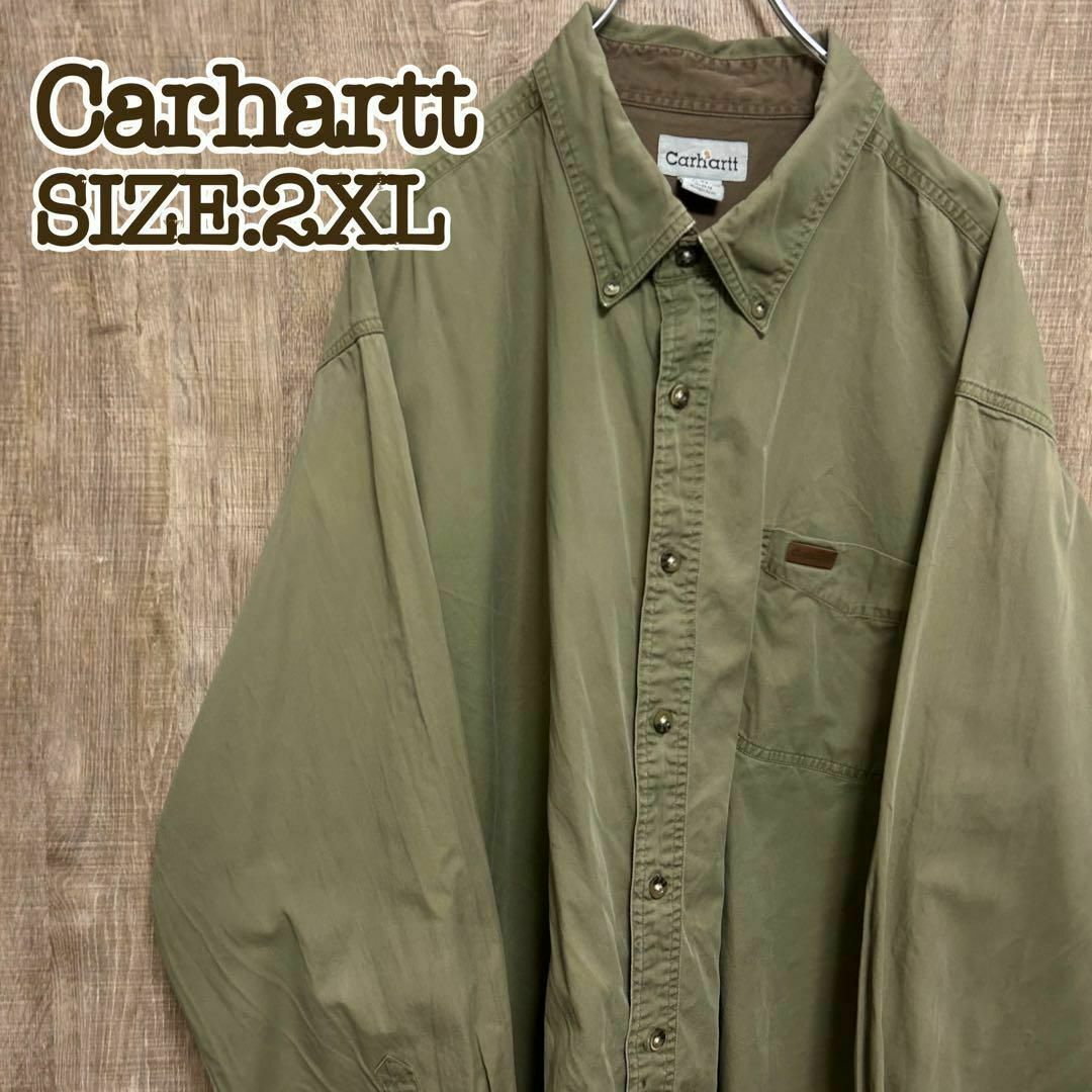 carhartt(カーハート)のCarhartt カーハート　BDシャツ　オリーブグリーン　革ロゴ　2XL メンズのトップス(シャツ)の商品写真