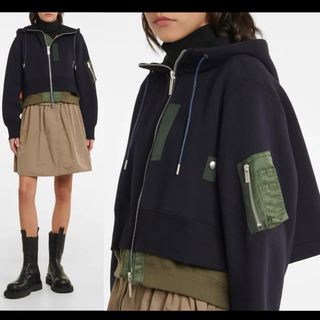 sacai 紺カーキ Sponge Sweat Hoodie パーカー ma-1