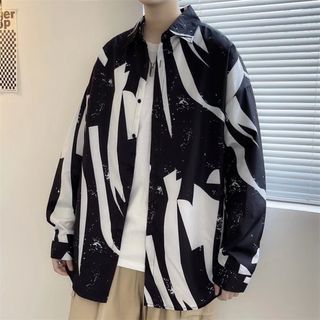 大人気！トレンド　モード　シャツ　XL　モノトーン　メンズ　韓国　柄シャツ(シャツ)