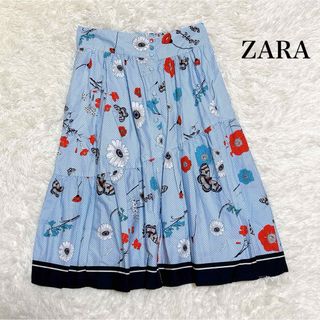 ザラ(ZARA)のZARA 花柄 蝶々柄 ストライプ 水色 フレアスカート 春 夏(ロングスカート)