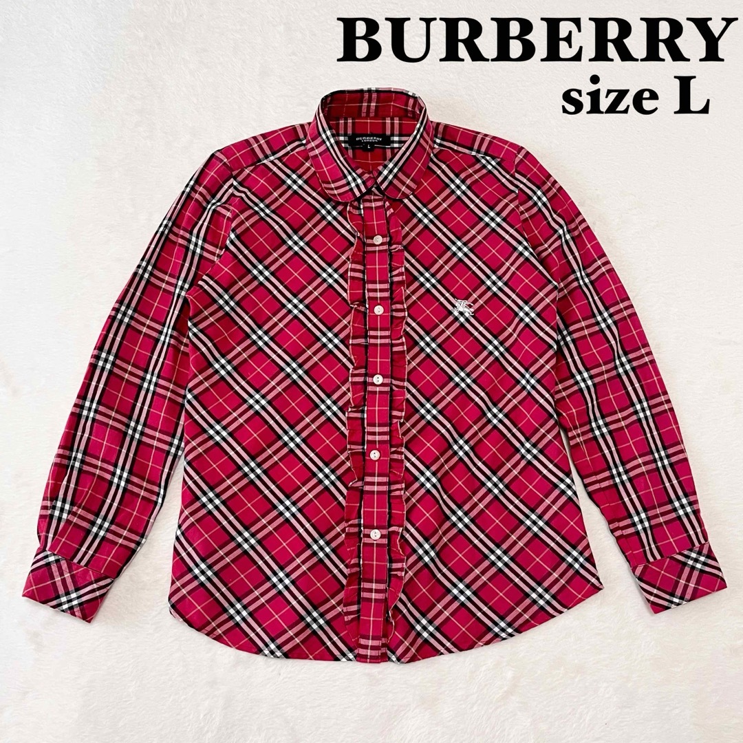 BURBERRY(バーバリー)の【美品】バーバリーロンドン　ノバチェック　レッド　フリルブラウス・シャツ　L レディースのトップス(シャツ/ブラウス(長袖/七分))の商品写真