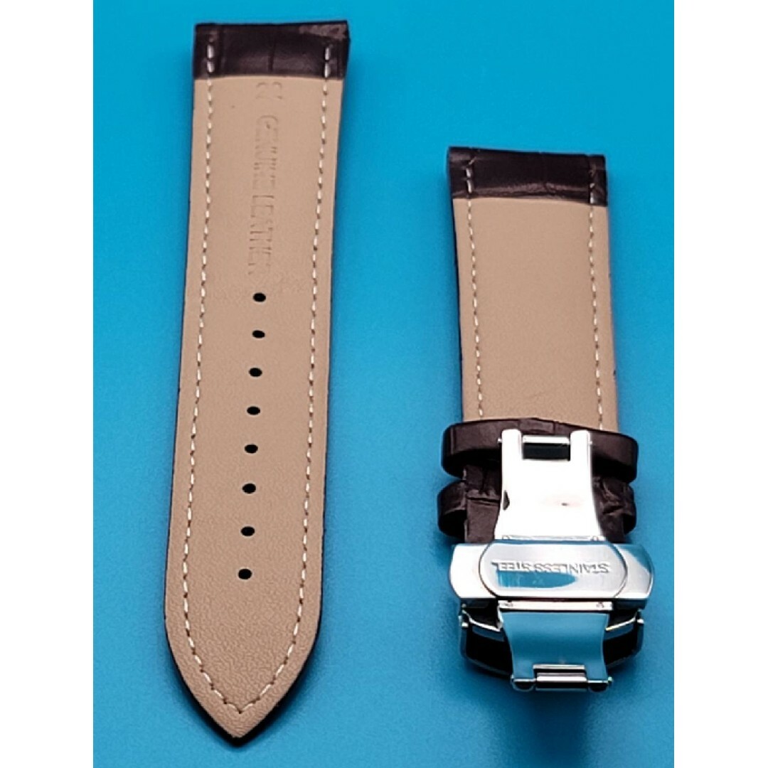 腕時計用品⑳【未使用】22㎜ レザーベルト 焦茶色 クロコダイル調 本革防水加工 メンズの時計(レザーベルト)の商品写真