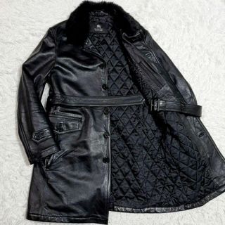 バーバリーブラックレーベル(BURBERRY BLACK LABEL)の極美品 XL バーバリーブラックレーベル 羊革 トレンチ 黒 キルティング 毛皮(レザージャケット)