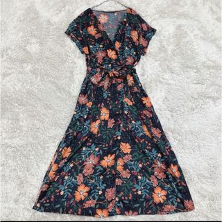 ザラ(ZARA)のZARA ザラ 花柄 ボタニカル柄 ウエストリボン ロングワンピース Lサイズ(ロングワンピース/マキシワンピース)