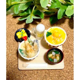 ミニチュアフード 天丼 親子丼 ビール 揚げ出し豆腐 味噌汁 漬物 ハンドメイド(ミニチュア)