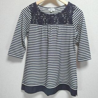 【PourQuoi】トップス（Ｍ）ボーダー レーヨン 花柄レース ネイビー(カットソー(長袖/七分))