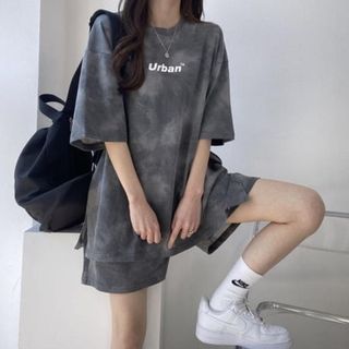 ビッグシルエット タイダイ 柄 総柄 Tシャツ パンツ セットアップ グレー(セット/コーデ)