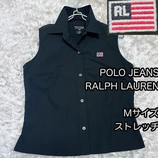 ポロラルフローレン(POLO RALPH LAUREN)のストレッチ【ポロジーンズラルフローレン】Mサイズ 黒ノースリーブシャツ 国旗刺繍(シャツ/ブラウス(半袖/袖なし))