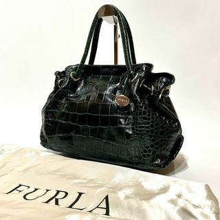 フルラ(Furla)の【美品】　FURLA ハンドバッグ　クロコ型押し　ダークグリーン　銀チャーム(ハンドバッグ)