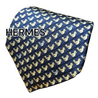 エルメス(Hermes)の【HERMES】　エルメス　ネイビー系　アニマル柄　フランス製(ネクタイ)