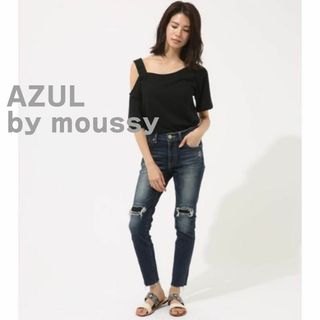 アズールバイマウジー(AZUL by moussy)のAZUL by moussy アズール　マウジー　カットソー　黒　半袖　アシメ(カットソー(半袖/袖なし))